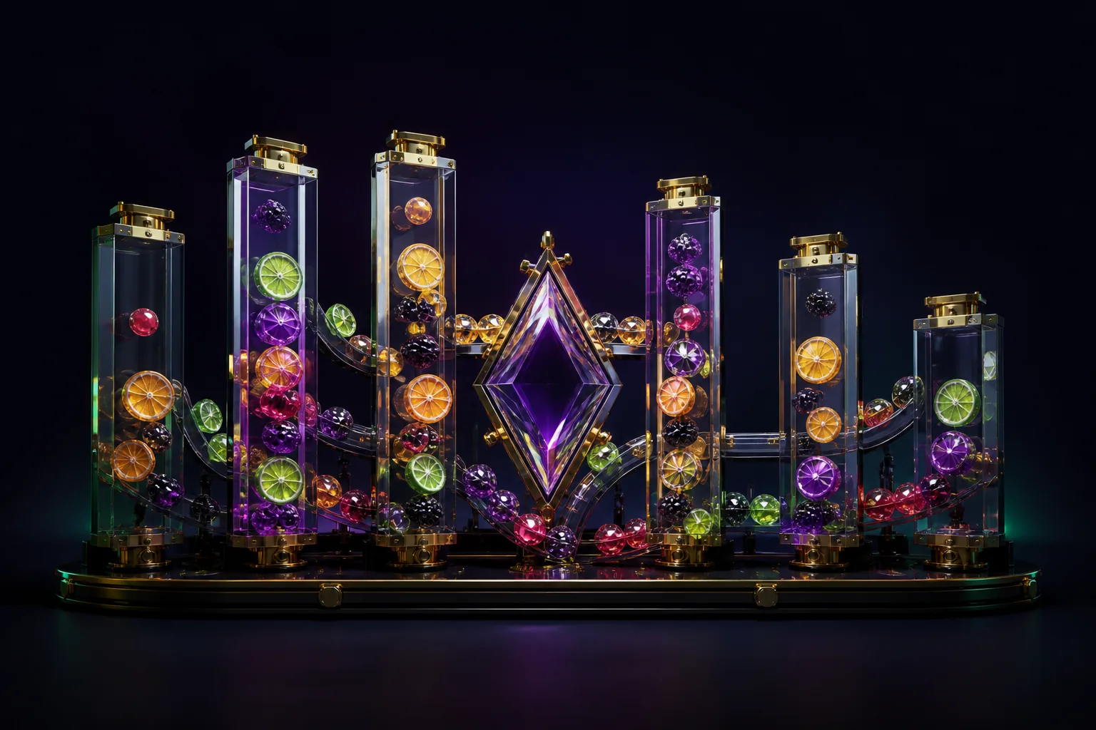 Variable-height crystal columns and cascading fruit illustrate Extra Juicy Megaways mechanics without imitating a slot screen