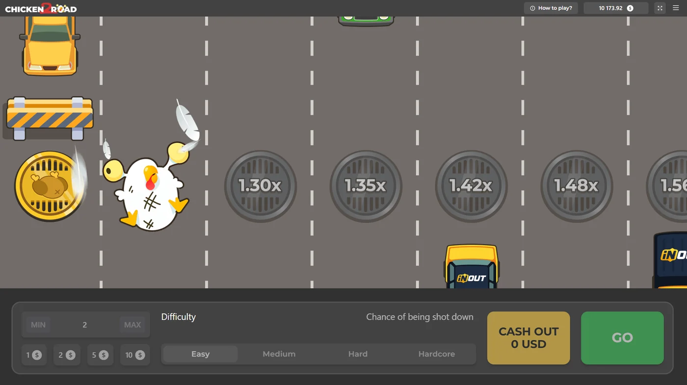 Chicken Road 2.0: hali ya kupoteza na vitufe vya Easy, Medium, Hard, Hardcore